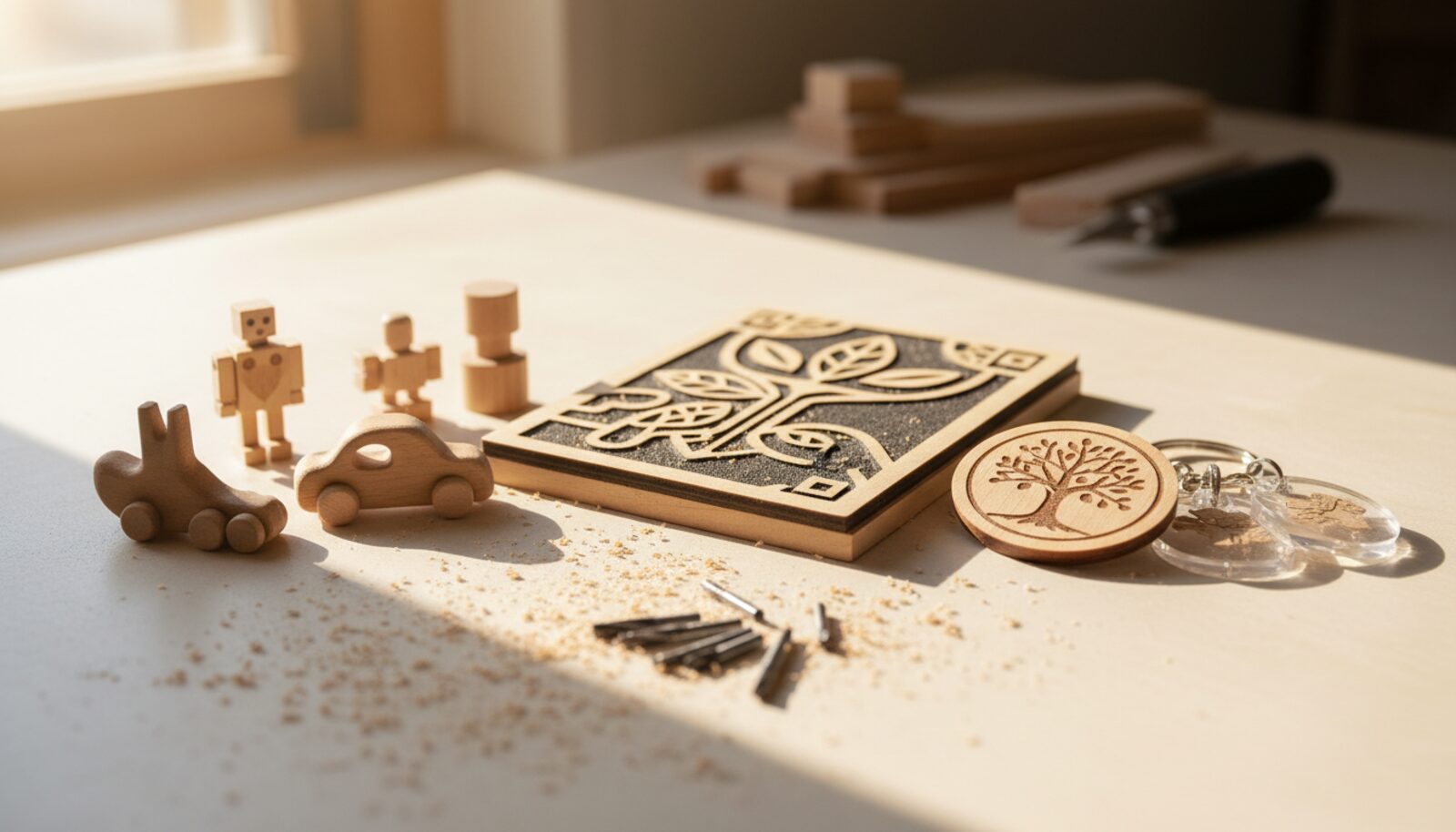 Peças usinadas em madeira produzidas em CNC router: brinquedos, painel decorativo e chaveiros