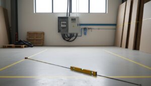 Área de galpão marcada no chão com fita, quadro elétrico e linha de ar comprimido na parede, pronta para receber uma coladeira de borda