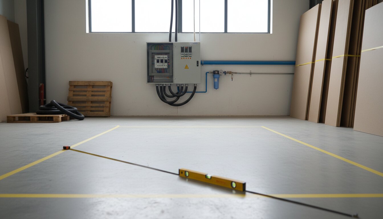 Área de galpão marcada no chão com fita, quadro elétrico e linha de ar comprimido na parede, pronta para receber uma coladeira de borda