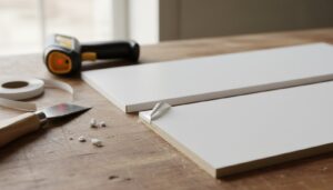 Painel de MDF melaminico com a fita de borda levantando na aresta, ao lado de rolo de fita, espatula e termometro infravermelho